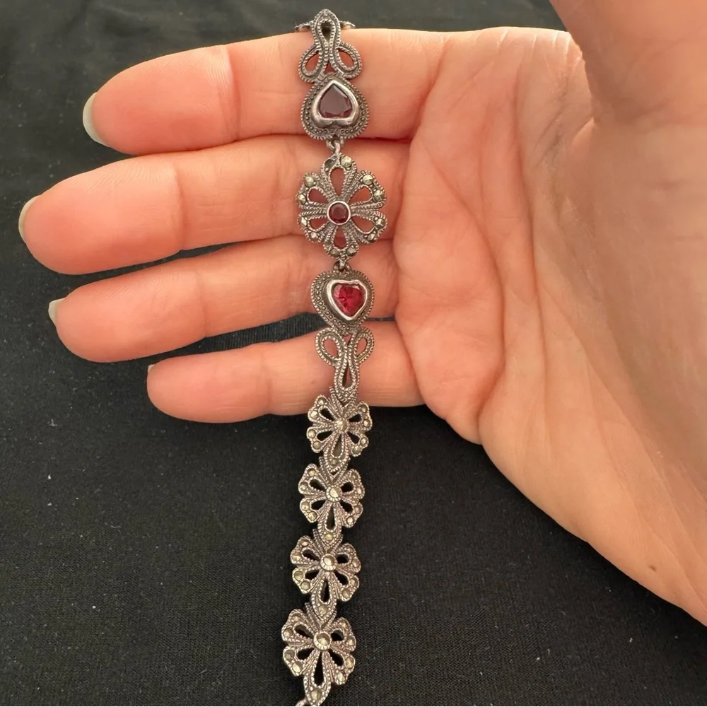 Vintage Sterling Silver Garnet and Marcasite Heart and Flowers Bracelet